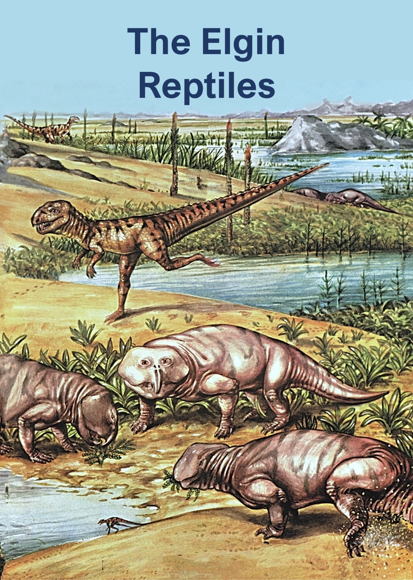 Front cover of The Elgin Reptiles book, showing reconstruction illustrations of 4 pre-dinosaur creatures